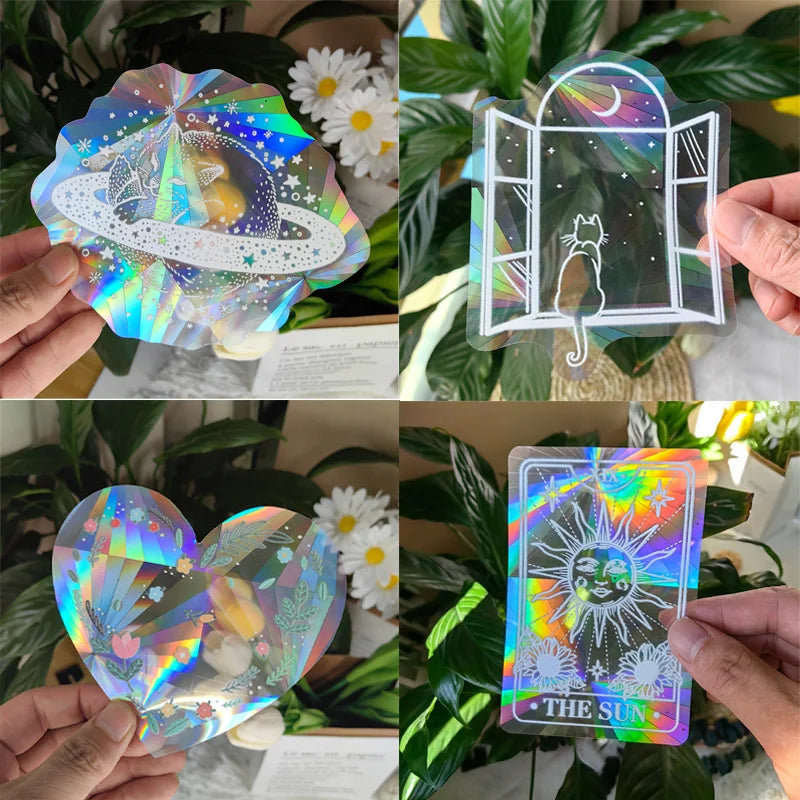 étiquettes solaires holographiques transparentes motifs planètes chats soleils modernes adhésives blanches minimalistes