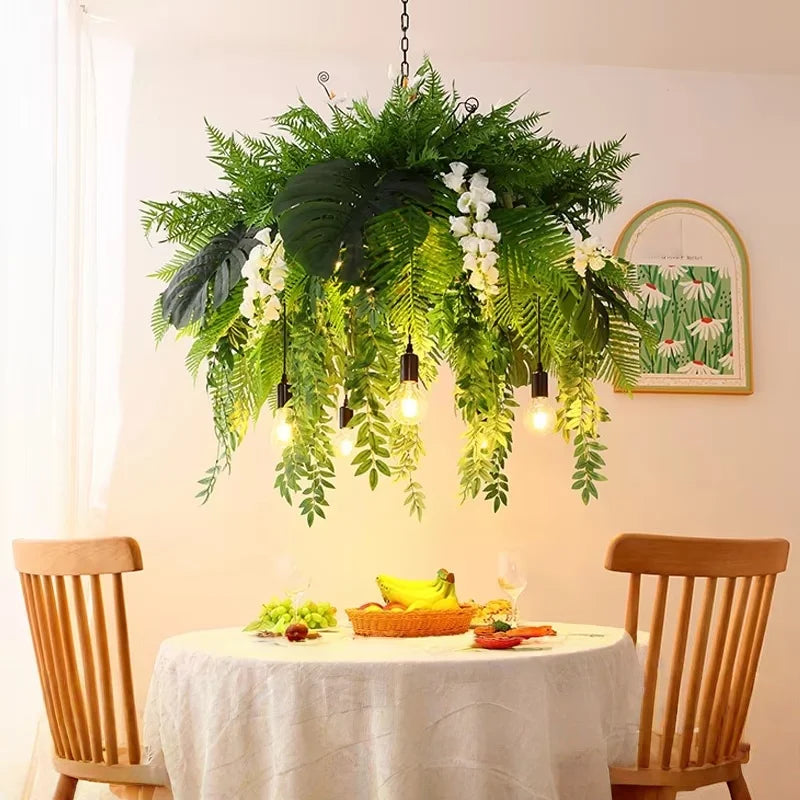 Suspension lumineuse rustique feuilles vertes bois ampoules led noir vert beige tactile moderne