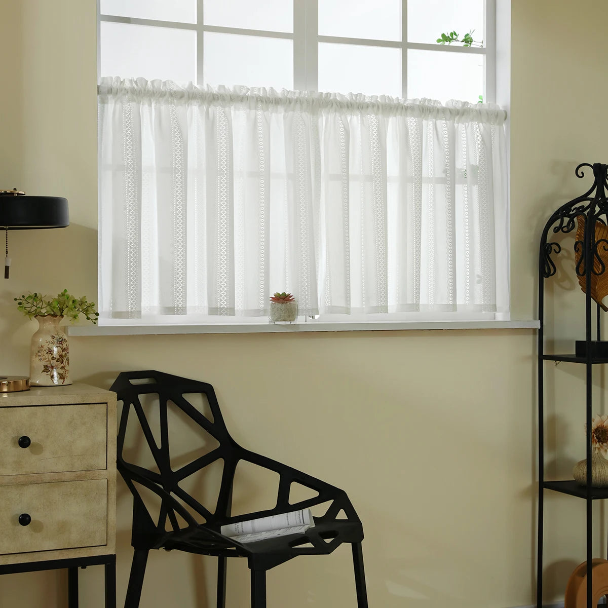 rideau blanc dentelle transparent classique fenêtre cuisine 100cm 130cm polyestère simple