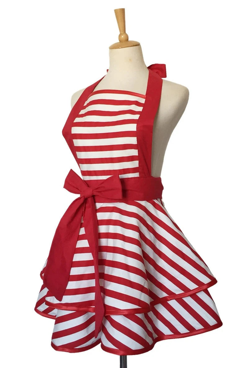 tablier vintage rétro femme pois coton épaulières ceinture décorative cuisine rouge noir blanc