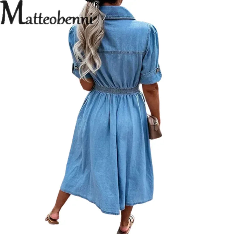 robe jean bleu clair patchwork boutons poches casual femme coton polyester extensible
