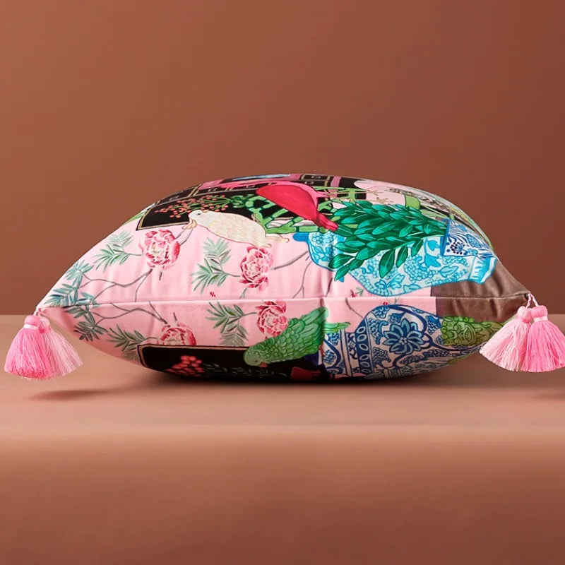 coussin boho chic imprimé flamants roses oiseaux plantes pompons rose vert bleu noir