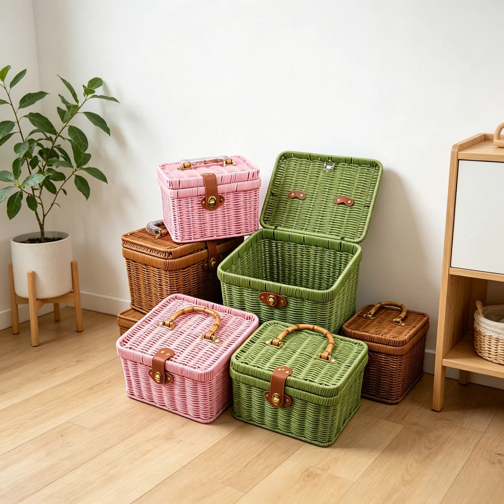 paniers rangement tressés rose vert marron poignées métalliques couvercle verrouillable vintage multifonctionnels