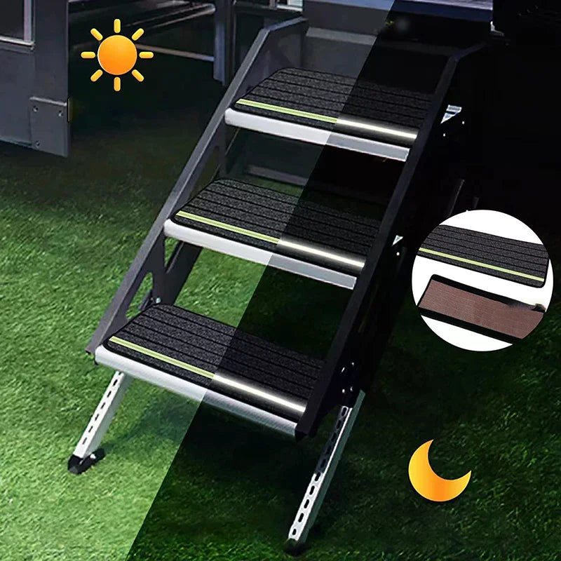 tapis d'escalier noir vert fluo rayures horizontales velcro moderne antidérapant sécurité camping car porte
