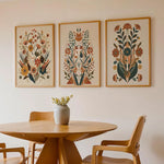 affiches murales modernes fleurs stylisées bois cadre beige marron orange vert bleu chambre salon