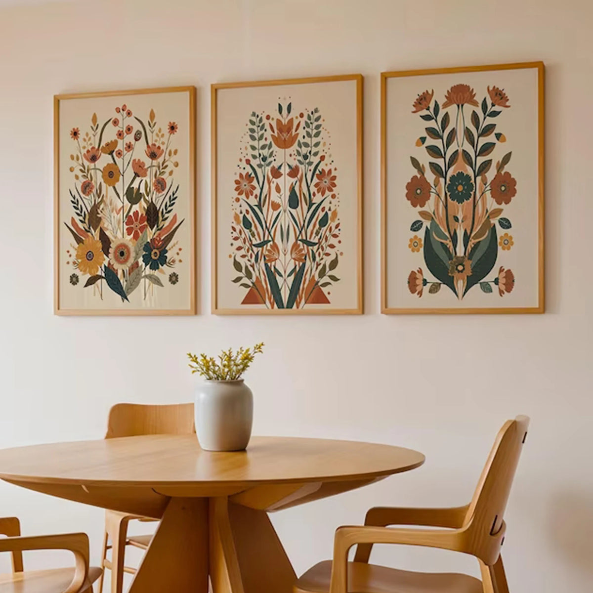 affiches murales modernes fleurs stylisées bois cadre beige marron orange vert bleu chambre salon