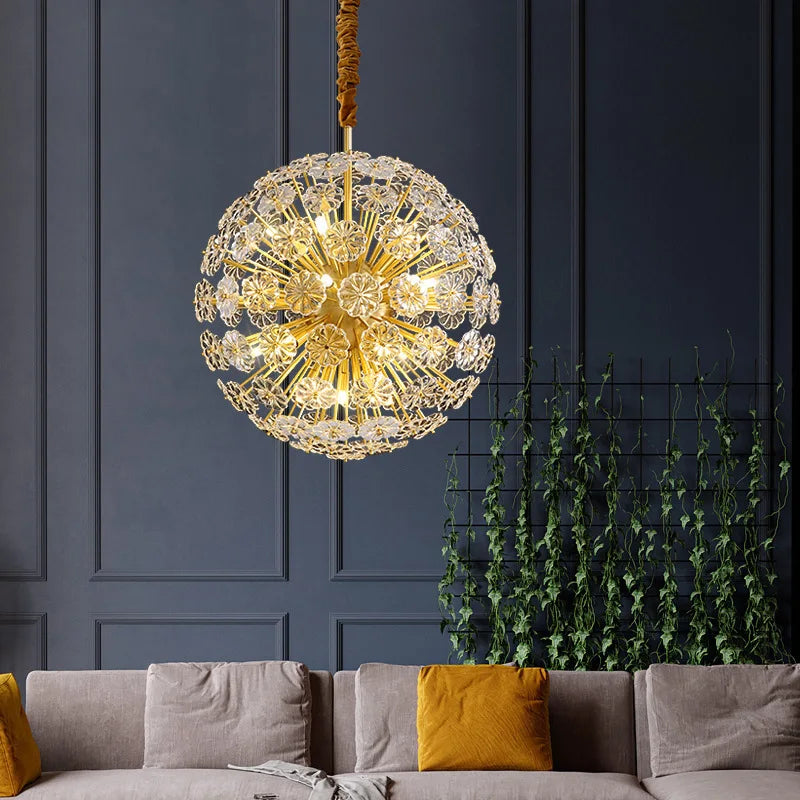 suspension lumineuse moderne or transparent cristal fleurs élégante chaîne métallique lumière led warm cool