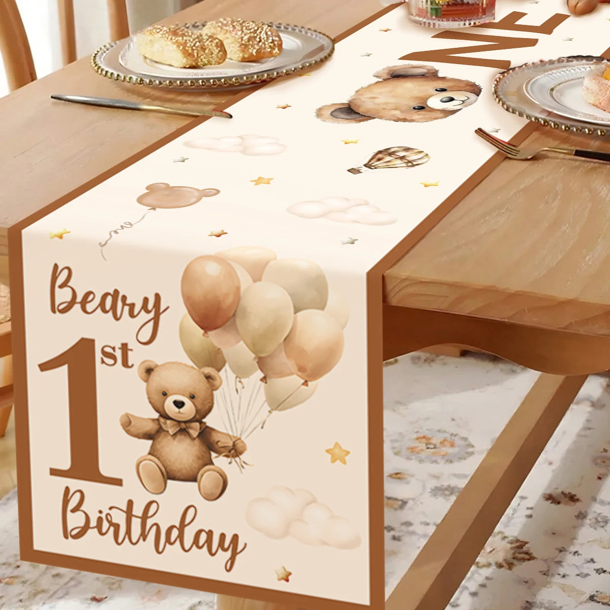 nappe table dessin animé nounours ballons lunes étoiles nuages anniversaire enfant beige marron blanc