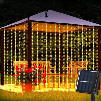 guirlande lumineuse solaire extérieure jaune doré rideau vertical festif romantique ip65 led pvc