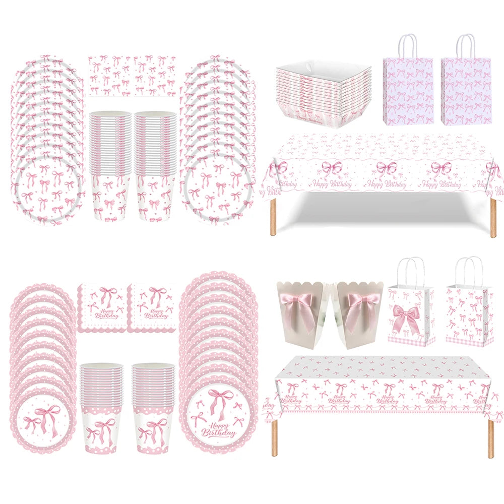 vaisselle jetable fête anniversaire assiettes gobelets serviettes sacs mains arcs roses happy birthday blanc