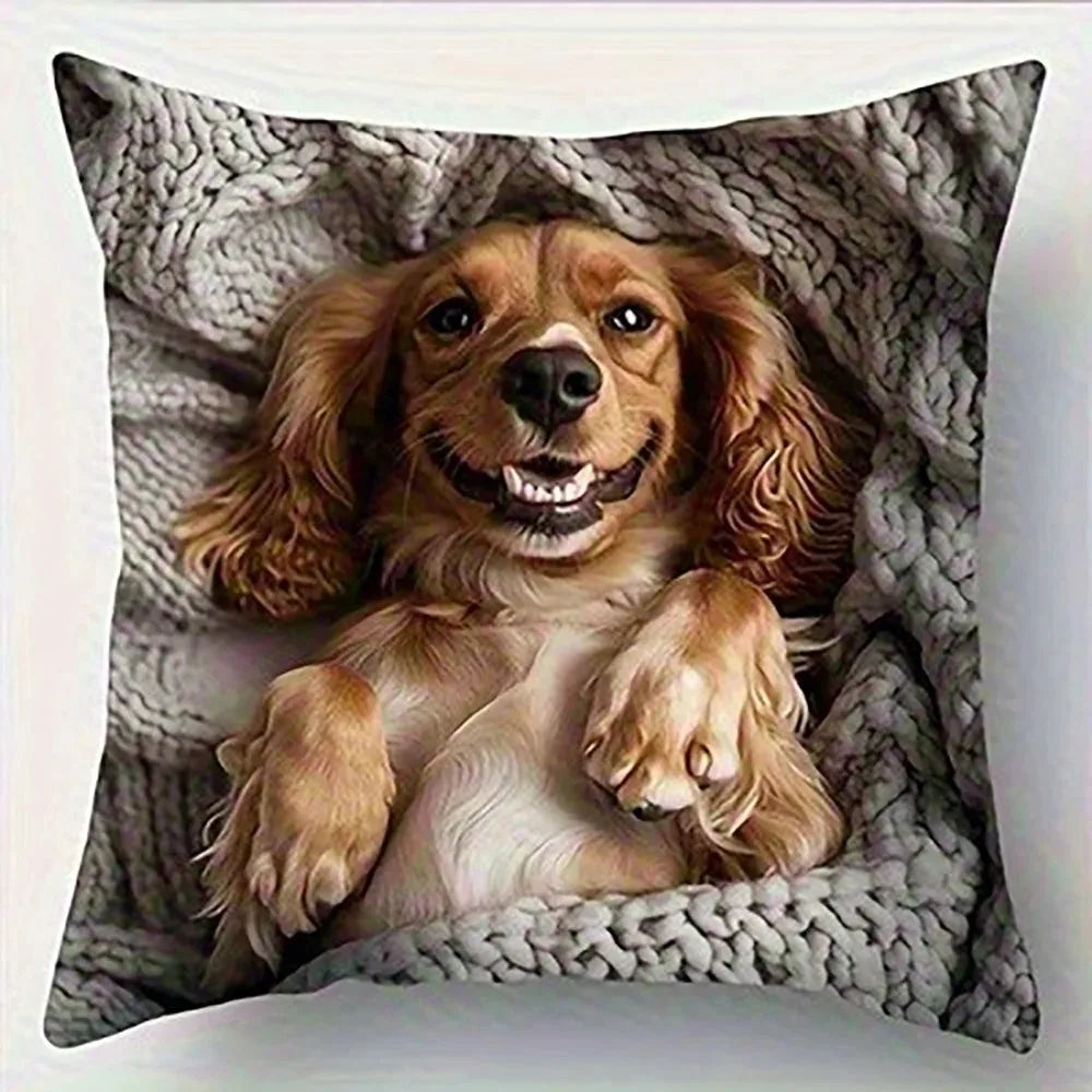 housse coussin chien doré moderne 100 polyester 45x45cm beige marron zip invisible decoration maison