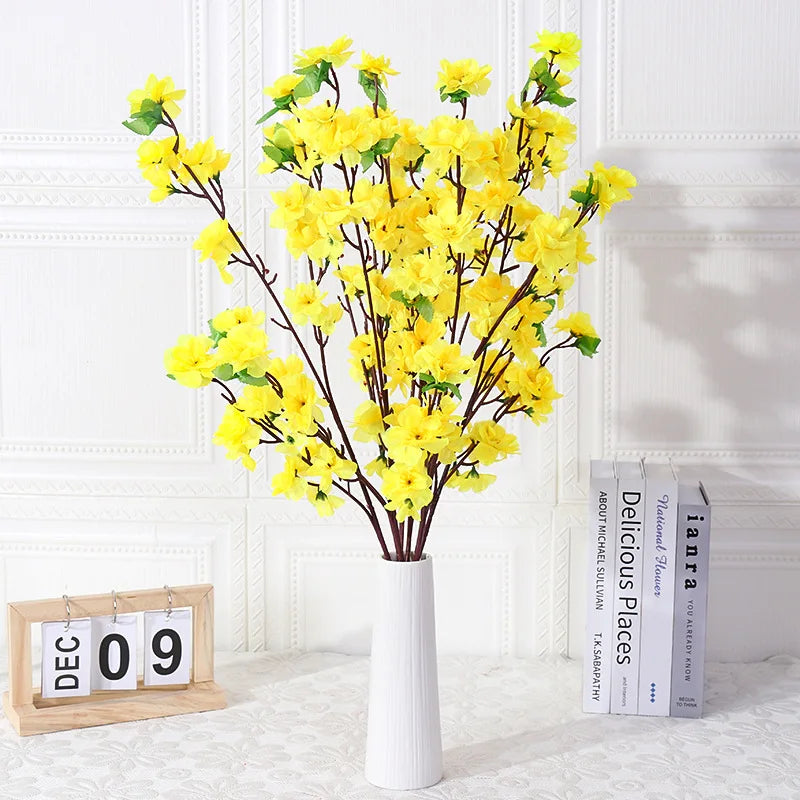 Bouquet artificiel fleurs simples rose jaune blanc rouge feuilles vertes moderne vase blanc 65cm