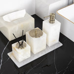 ensemble salle bain marbre onyx blanc distributeur savon porte brosse dents plateau luxe