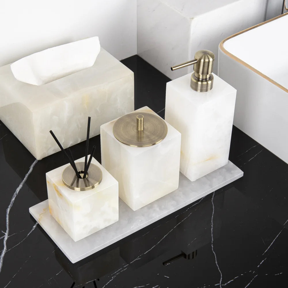 ensemble salle bain marbre onyx blanc distributeur savon porte brosse dents plateau luxe