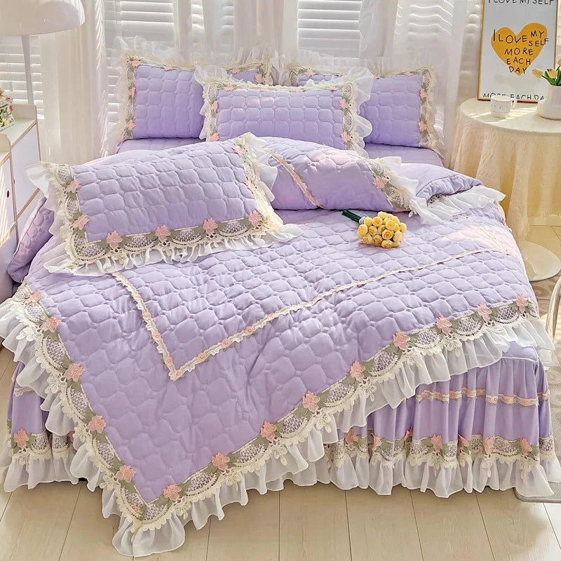 housse couette coton rose dentelle fleurs romantique blancs deux taies oreillers drap lit volants