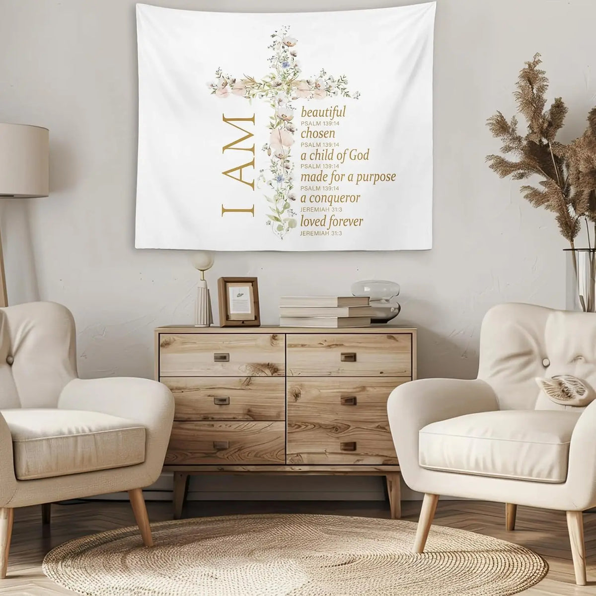 tapisserie murale boho chic versets religieux fleurs feuilles blanc doré roseclair bleuclair beige
