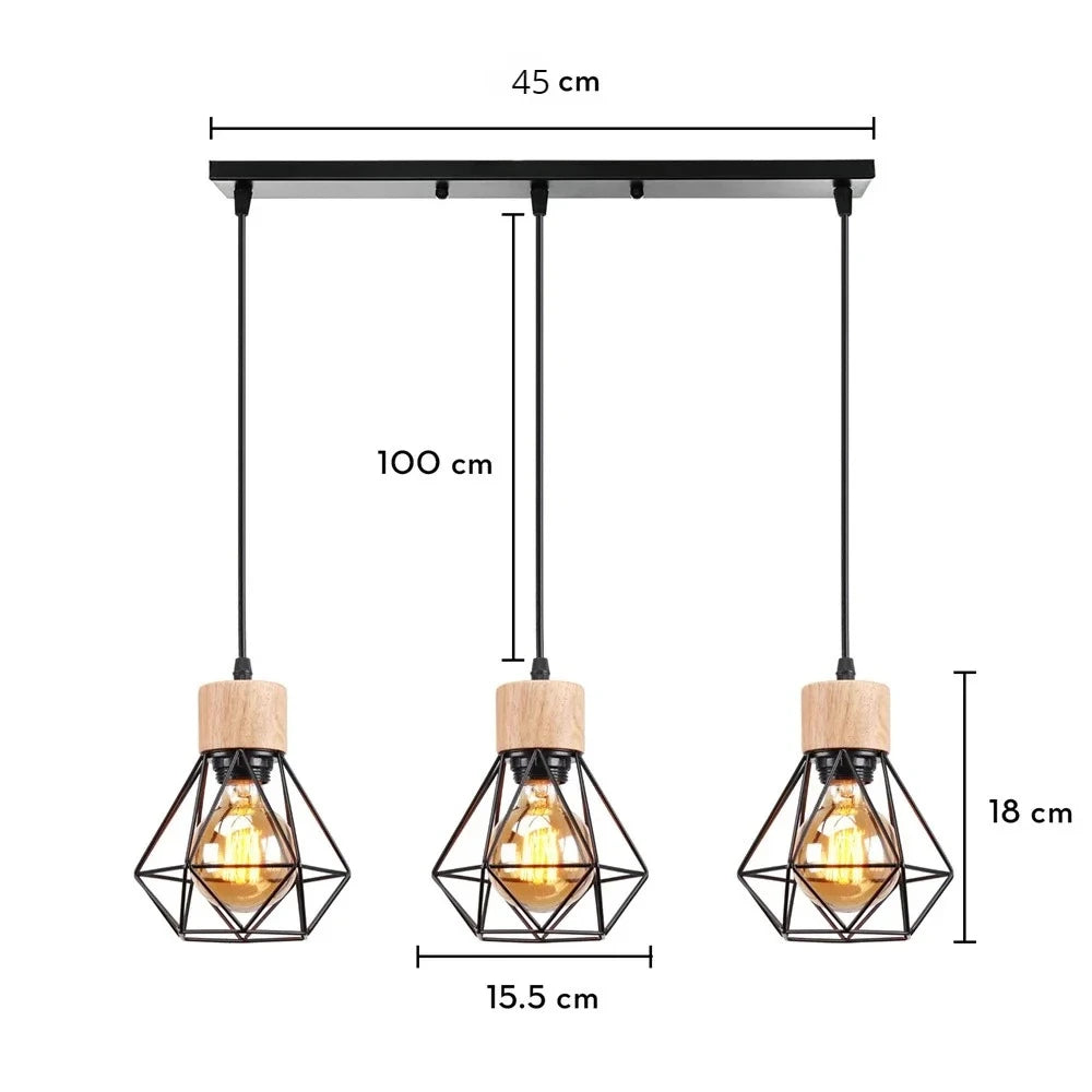 suspension lumineuse industrielle cage métal finition bois naturel ampoule filament noir moderne
