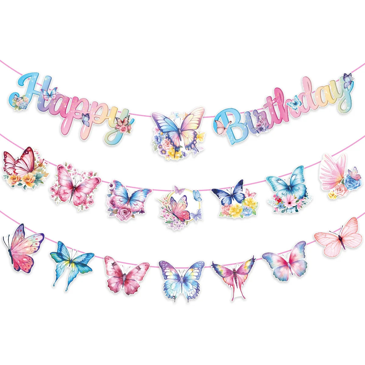 guirlande fête multicolore papillons happy birthday anniversaire enfant décoration papier bleu rose blanc festive