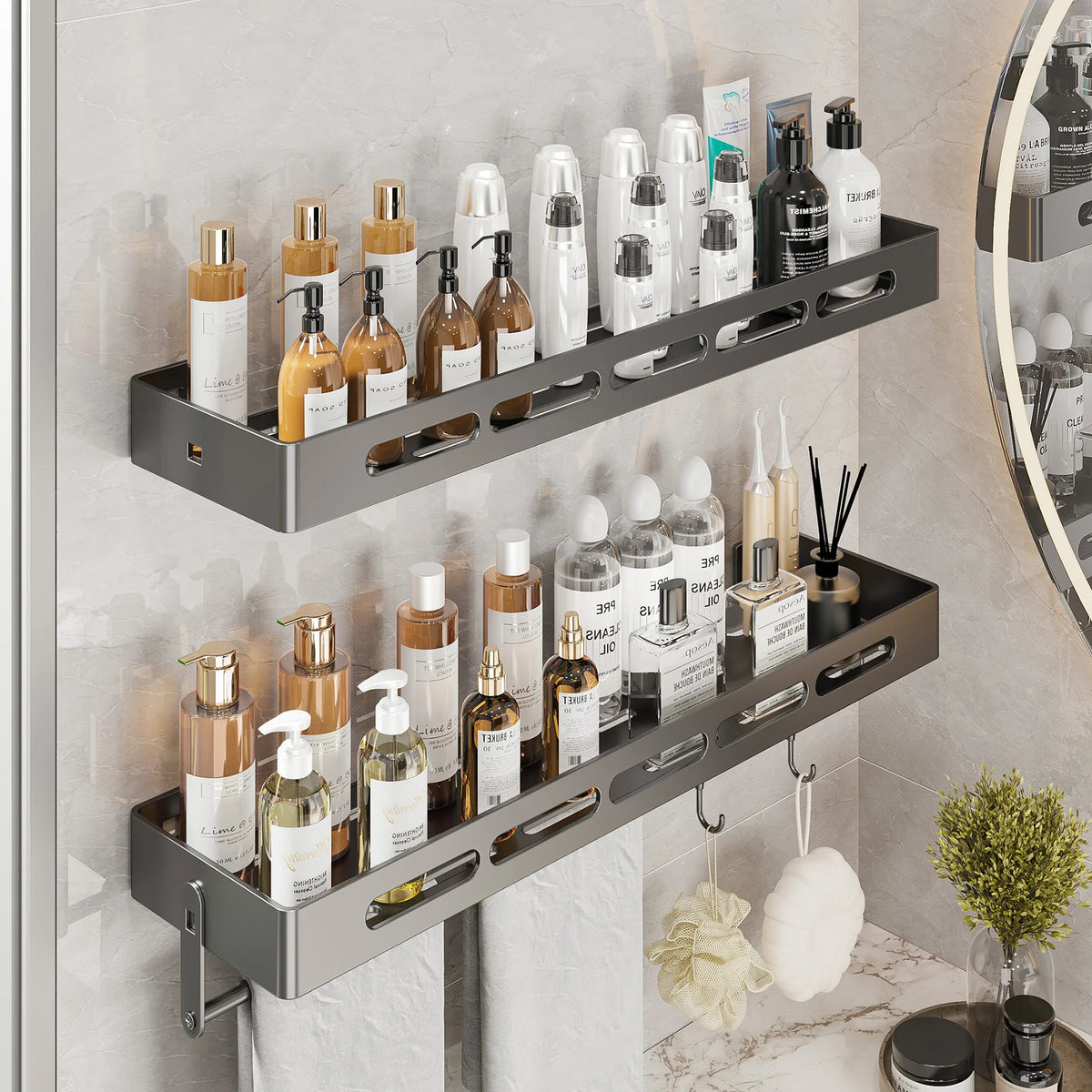 étagère murale douche grise métal huit crochets salle bain moderne