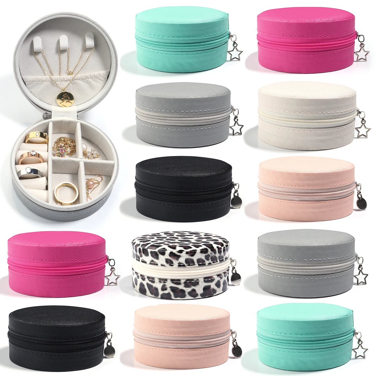 boîtes bijoux cuir léopard rose moderne compartiments bagues colliers oreilles pratique fermeture glissière