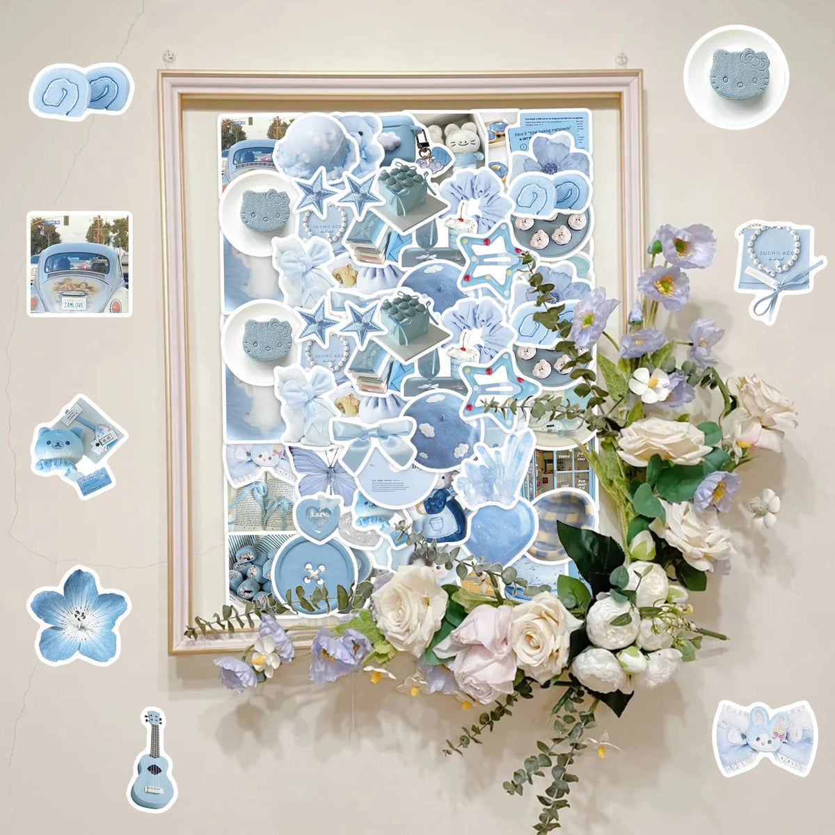 stickers mignons bleu clair fleurs animaux aesthetic 50 pièces pack