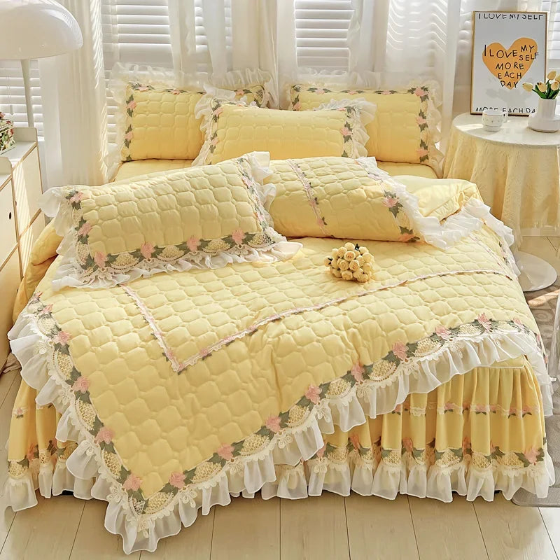 housse couette coton rose dentelle fleurs romantique blancs deux taies oreillers drap lit volants