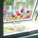 décoration fenêtre stickers fleurs colorées herbe nuages bois adhésif champêtre floral vases plantes