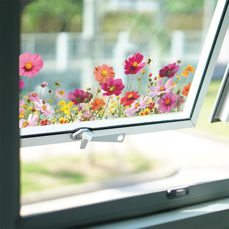 décoration fenêtre stickers fleurs colorées herbe nuages bois adhésif champêtre floral vases plantes