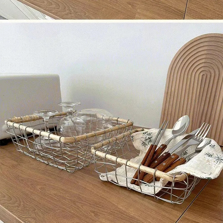 panier rangement métal bambou blanc beige moderne rustique serviettes verres couverts tringle reusable