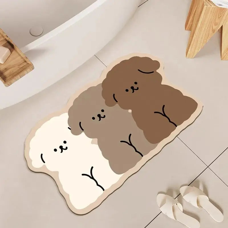 tapis bain antidérapant rapide absorbant moderne cartoon chiots tricolores marron blanc maison
