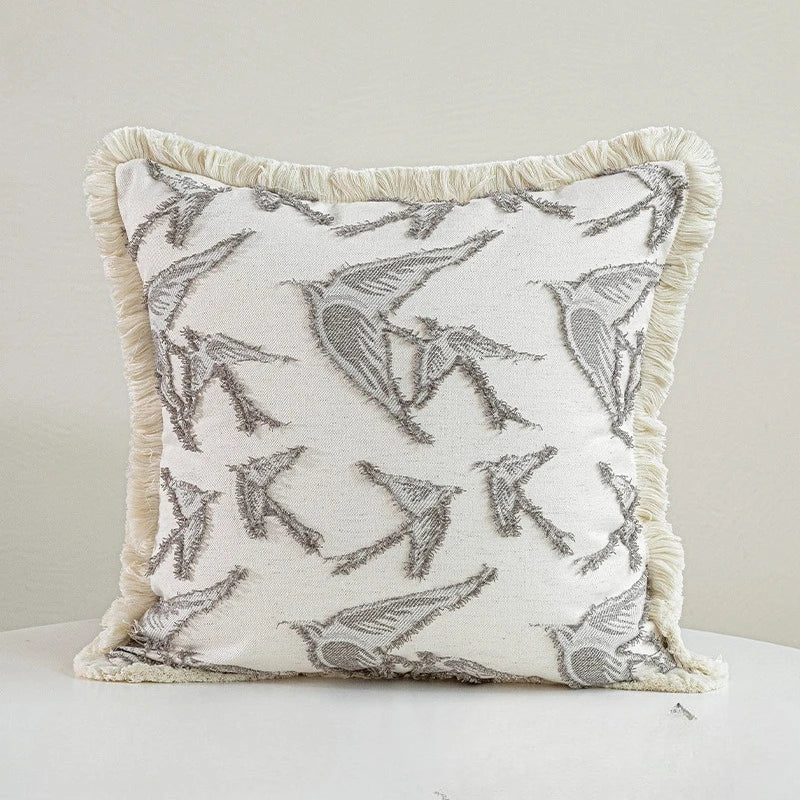 housse coussin jacquard géométrique oiseaux rustique tassel beige opacité décorative maison voiture 45x45cm 30x50cm