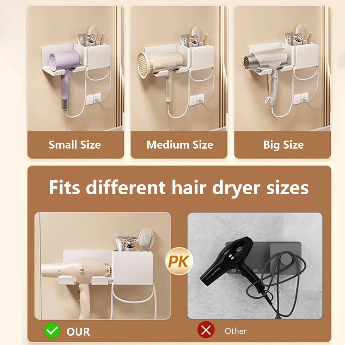 séchoir cheveux support mural blanc gris rose moderne adhésif câble prise électrique pinceaux brosse
