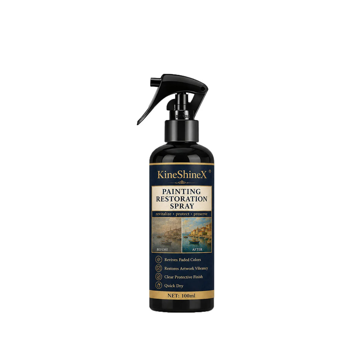 spray restauration peinture 100ml noir étiquette dorée contemporain rapide huile toile