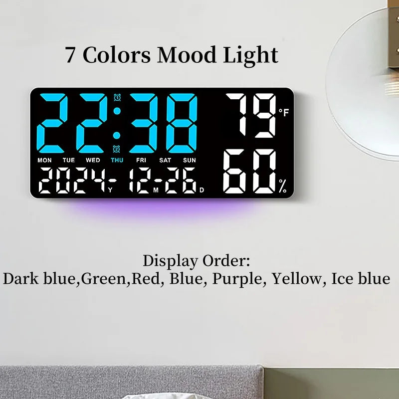 horloge murale digitale noir bleu vert compte rebours température humidité moderne lumineuse
