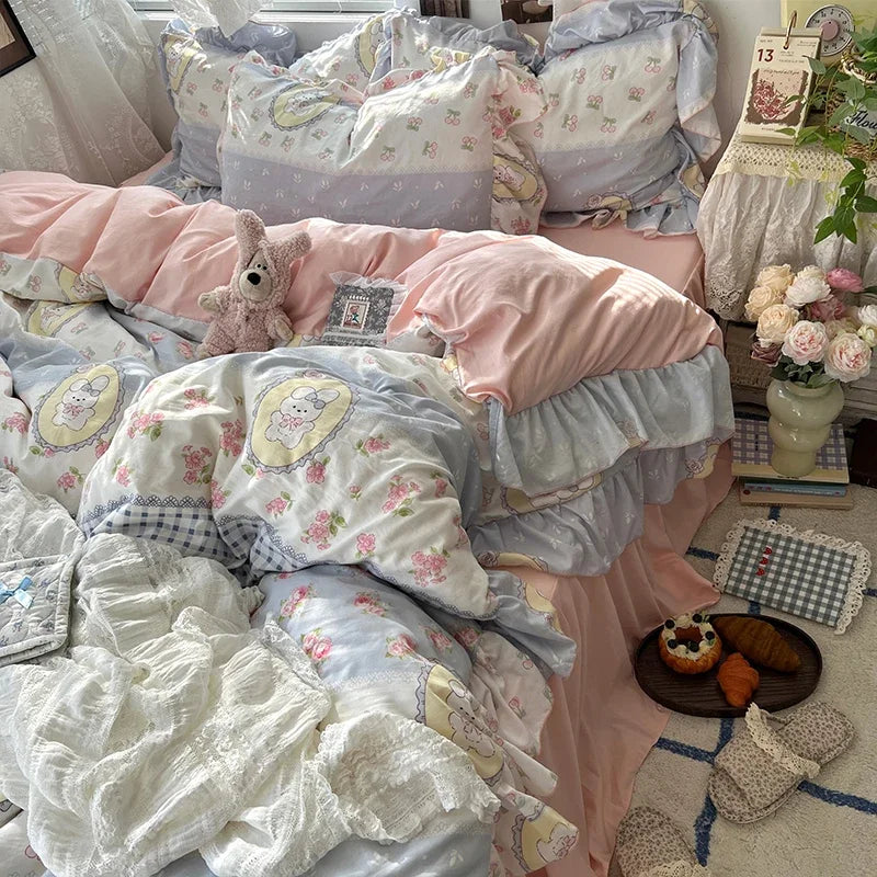 parure lit complète fleurs vintage princesse housse couette drap taies oreillers