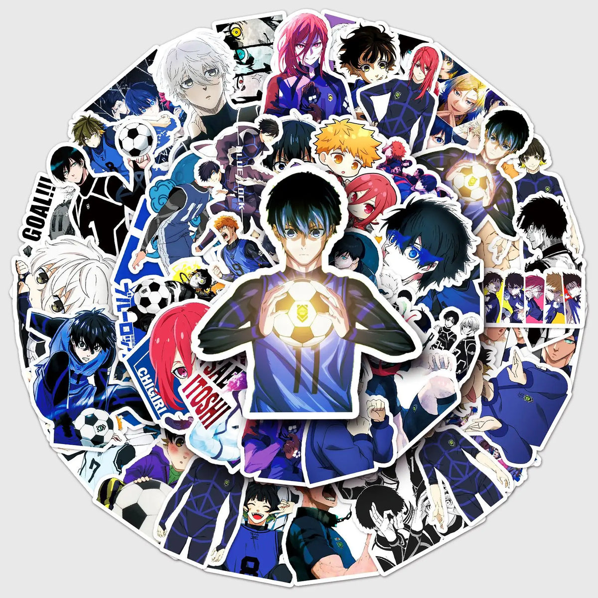 sticker anime personnages textes bleu lock chigo goal shi team football noir blanc