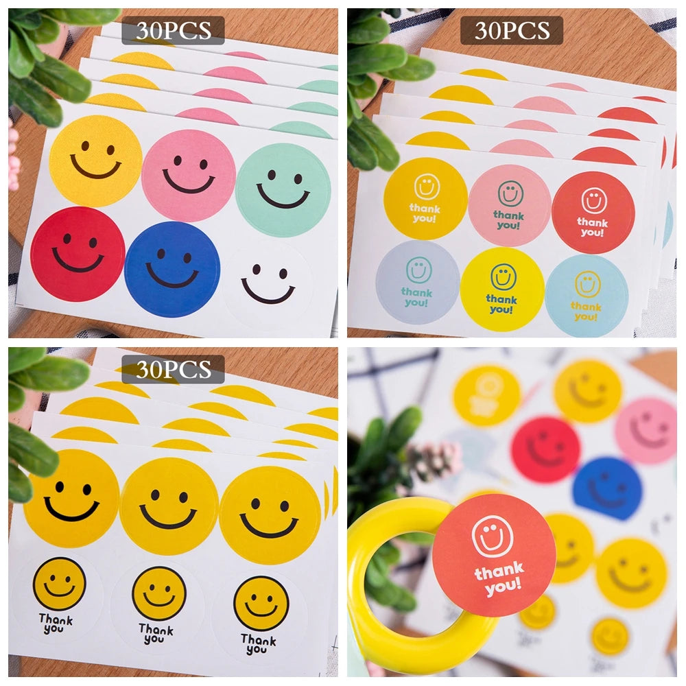 autocollants smiley colorés thank you papier jaune rose bleu vert enfantins emballage cadeaux cartes