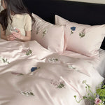 ensemble literie coton brodé fleurs rose blanc classique king queen full