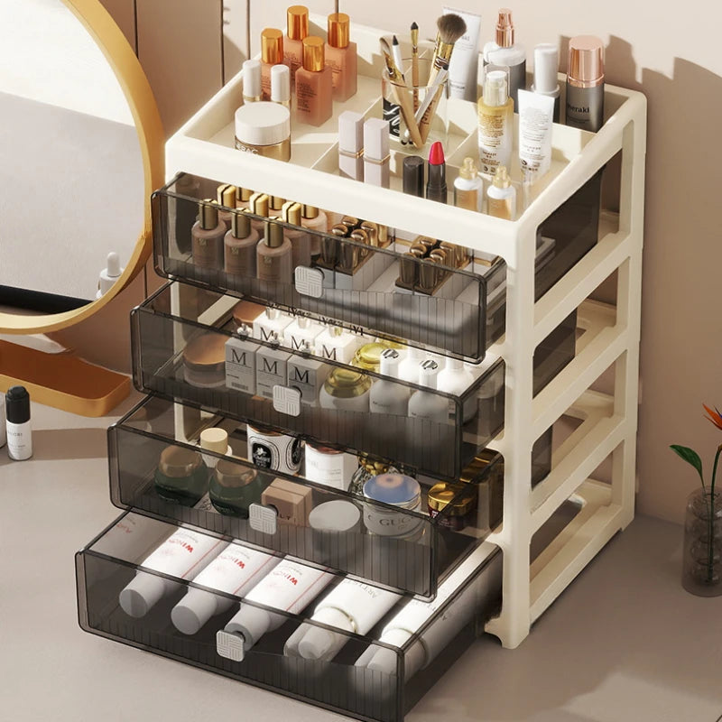 boîte rangement tiroirs transparents moderne beige clair compartiments organisation maison maquillage documents A4