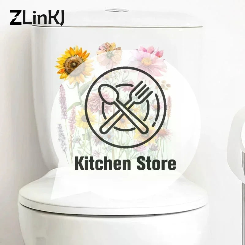 sticker adhésif moderne multicolore tournesol fleurs herbes sauvages décoration wc toilettes couvercle réfrigérateur illustration