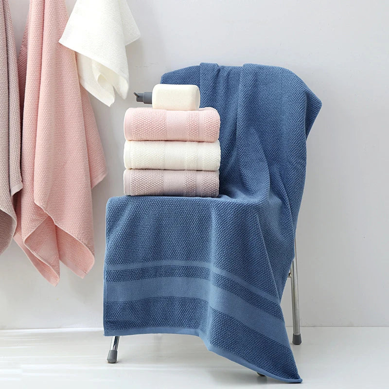 serviettes bain coton rose clair blanc bleu marine rayures horizontales classiques 70x140cm 34x74cm