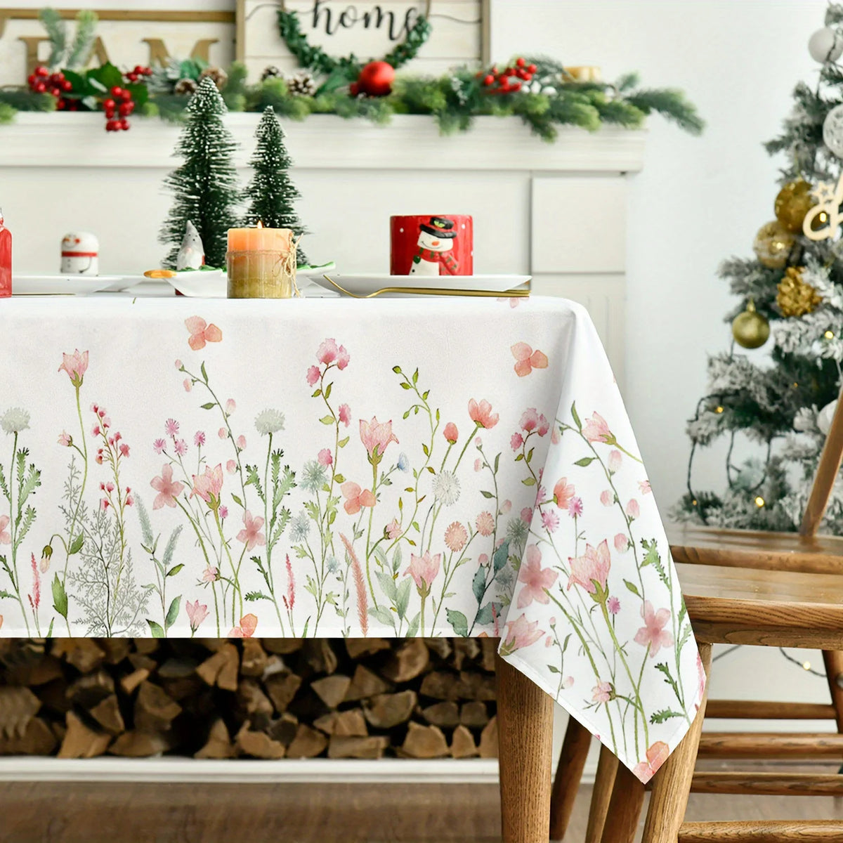 nappe rectangulaire moderne fleurs printemps polypropylene reutilisable blanc rose verte grise table