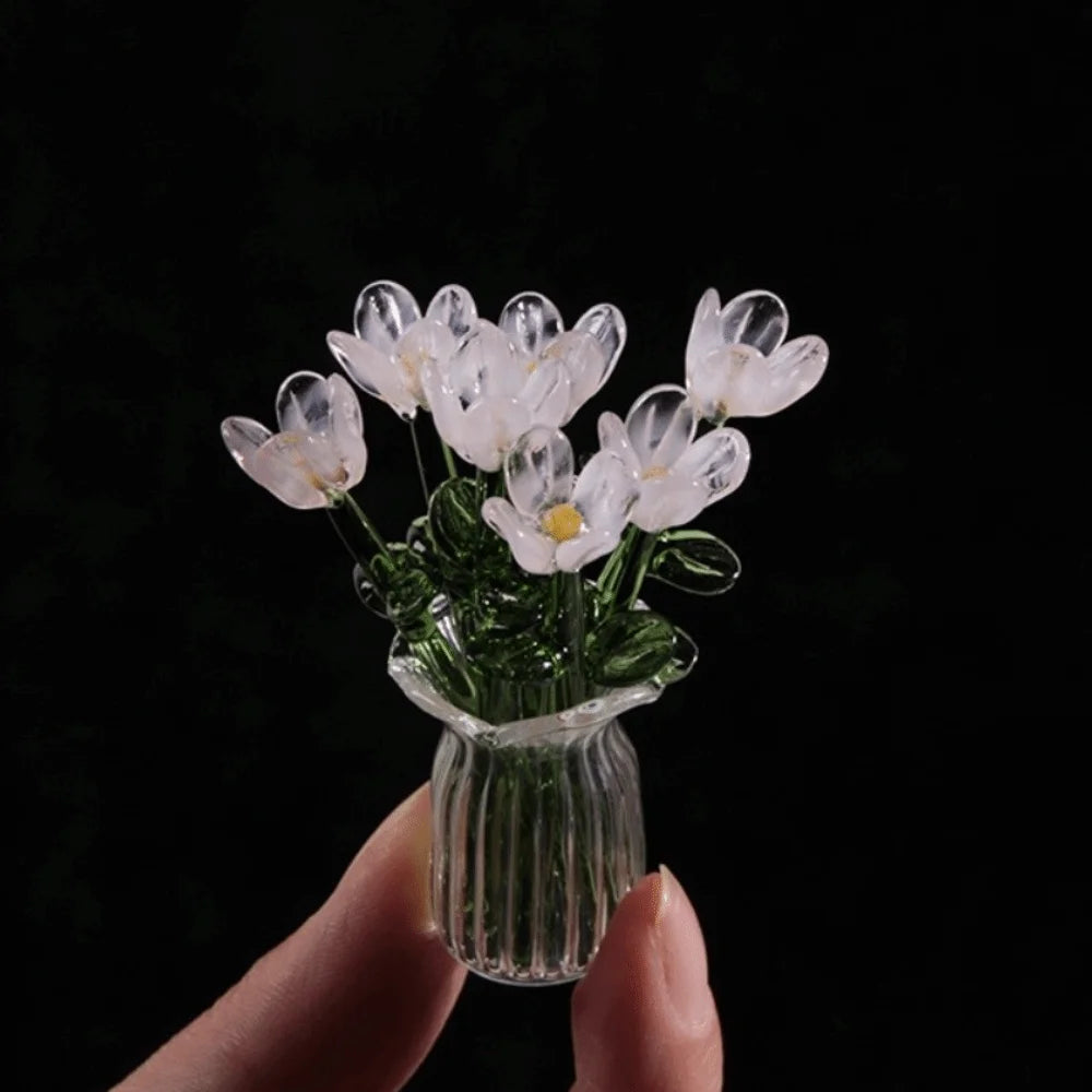 bouquet artificiel violet jaune vert blanc bleu orange feuilles vertes miniature vase transparent six