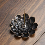 support encens fleur lotus métal noir doré artisanal traditionnel sans fixation brûleur encens salon
