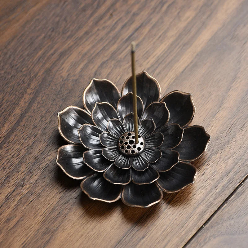 support encens fleur lotus métal noir doré artisanal traditionnel sans fixation brûleur encens salon
