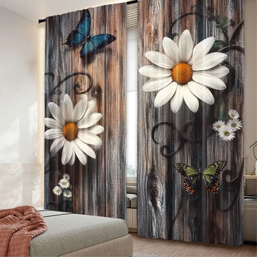 rideau fleurs papillons rustique couleurs naturelles inclusion deux pièces polyester