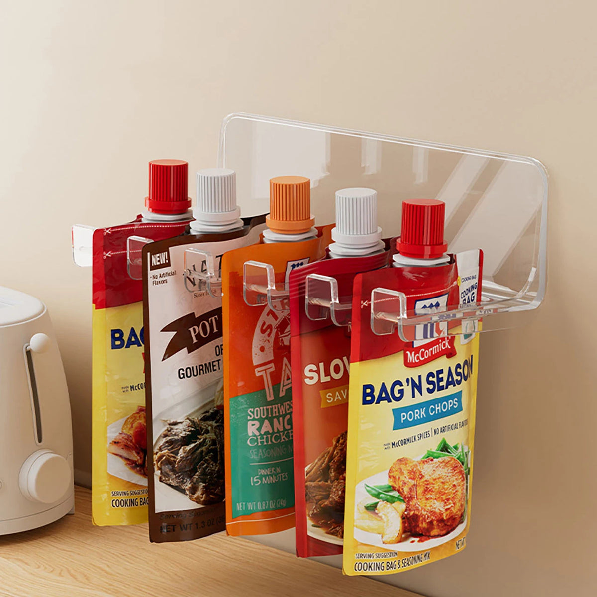 porte sacs cuisine transparent adhésif moderne organisation rangement épices assaisonnement réutilisable plastique multiple