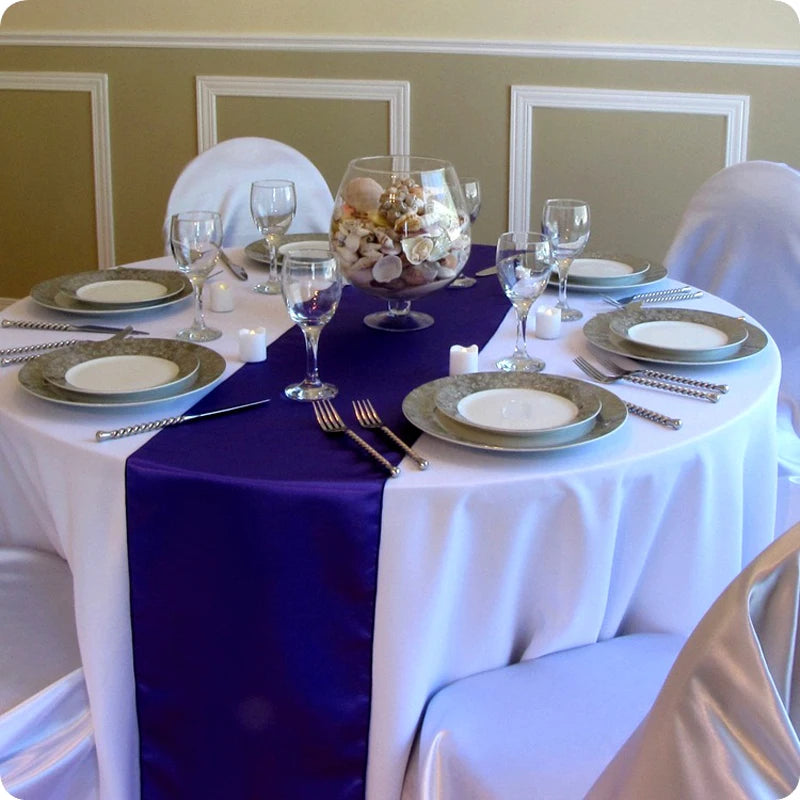 nappes tables rondes mariage blanc rouge bleu marine violet doré tissus satinés opaques