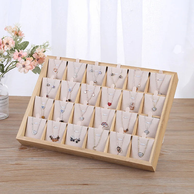 support bijoux bois velours clips boîte présentation breloques moderne 18 cases 24.5cm 35.4cm