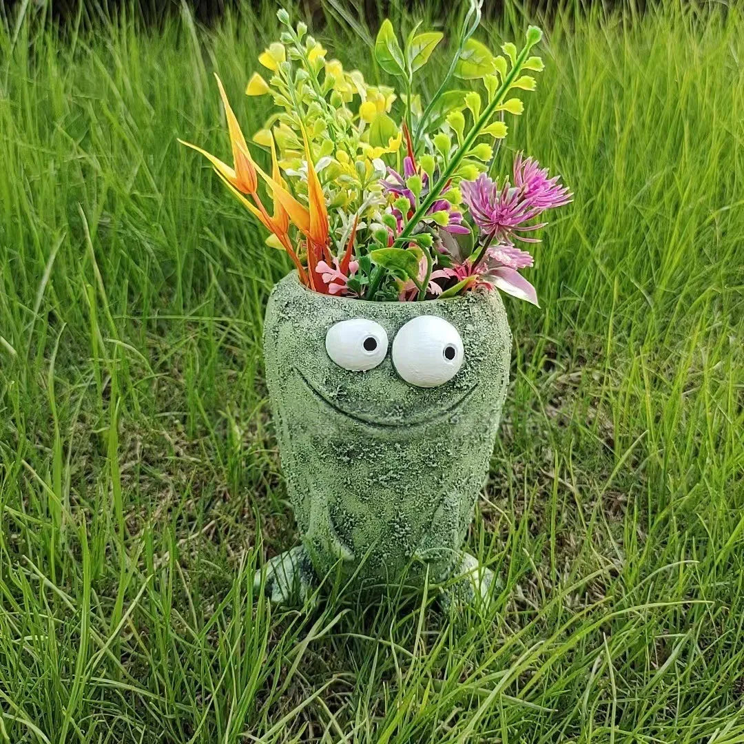 pot fleurs forme grenouille résine yeux relief créatif vert beige